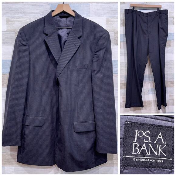 Jos A Bank Wool Pinstriped Suit Charcoal Gray 2Pc Mens 48XL 43x33 Pleated Pants - Picture 1 of 15